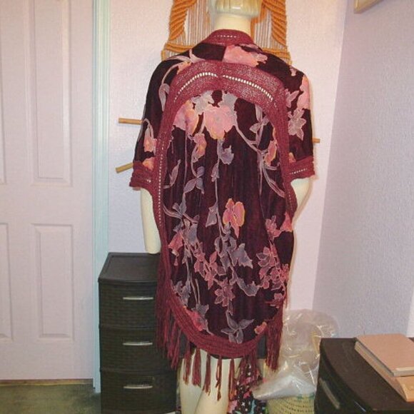 Vtg Y2K Burnout Velvet Kimono Longline Crochet Fringe Stevie Witchy Whimsigoth - Picture 7 of 11